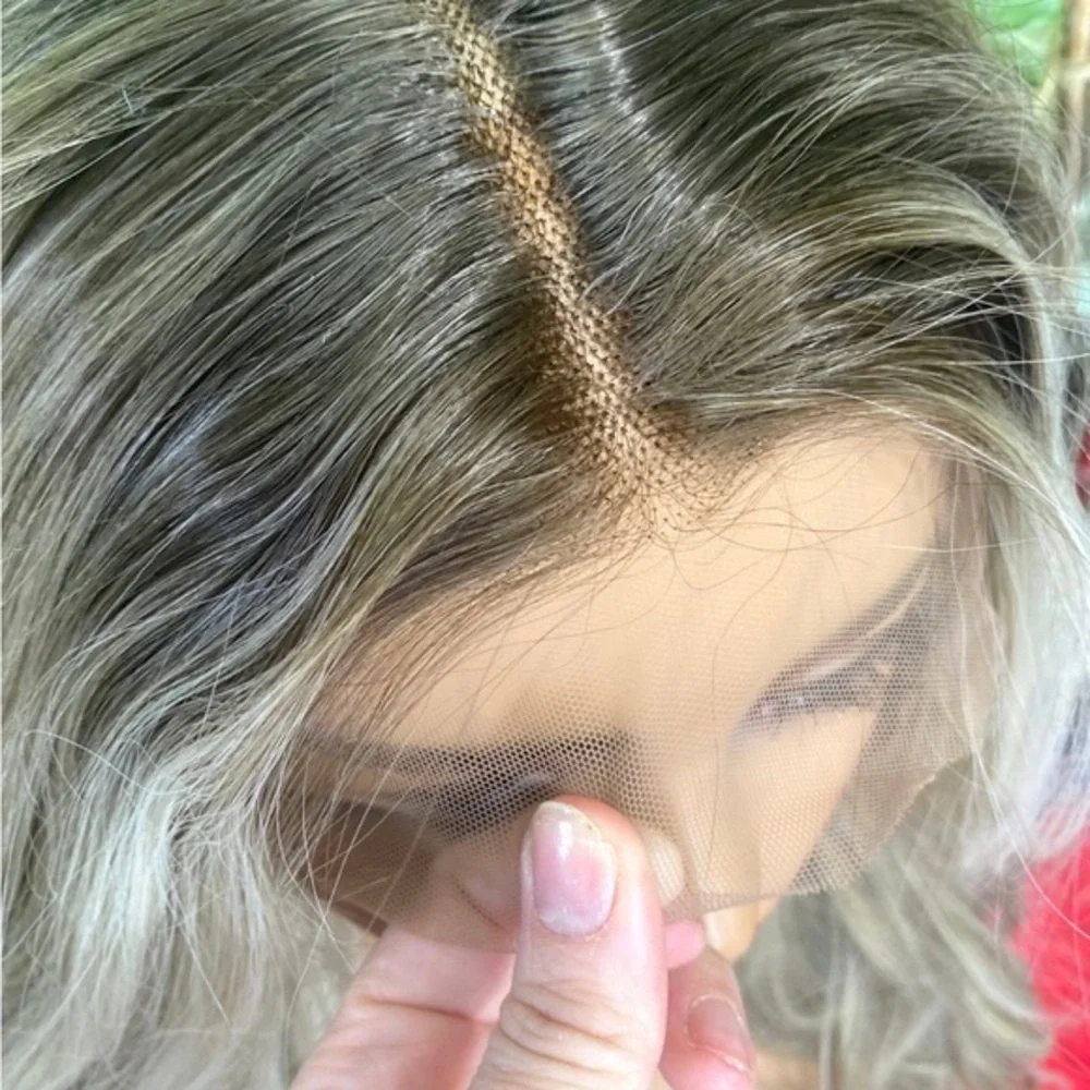 Ash grey Blonde Balayage Long Lace Front Wig